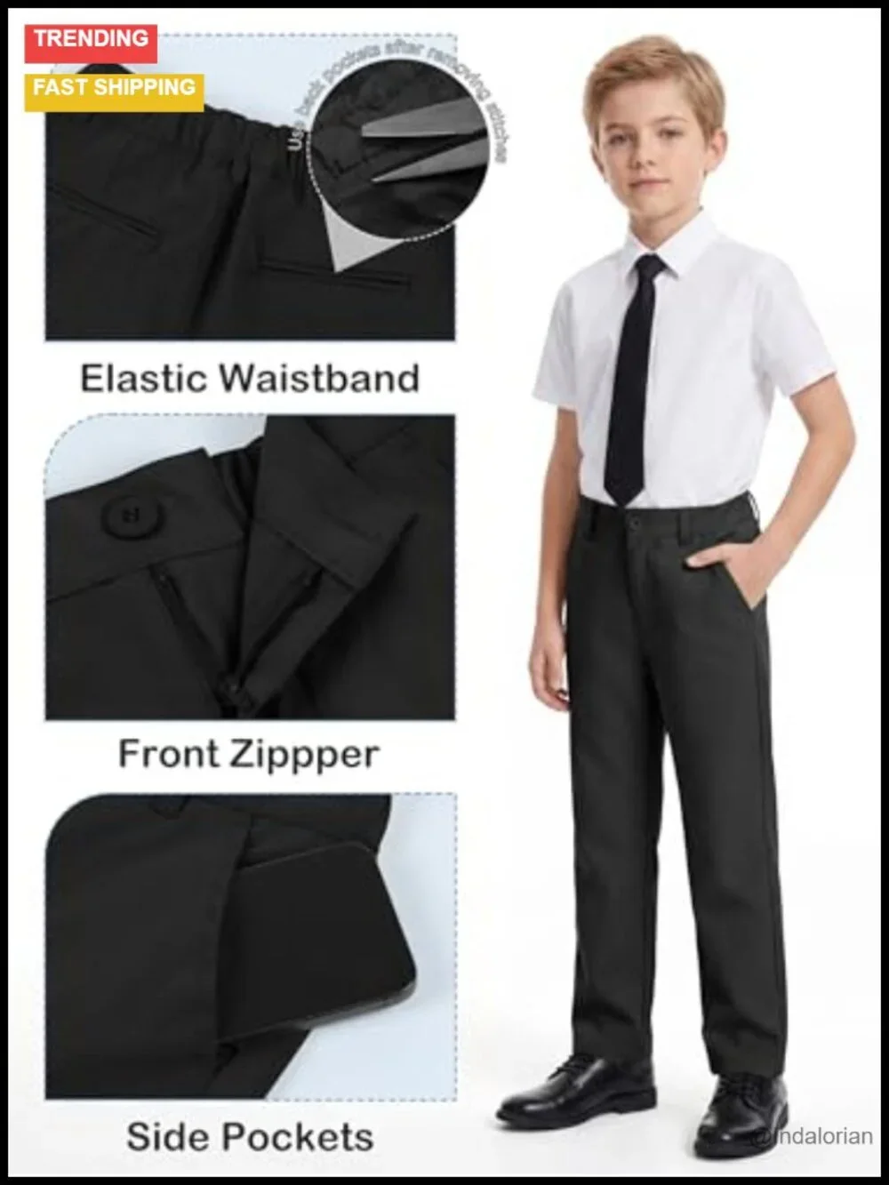 3-Pack Boys School Uniform Pants Quick Dry Adjustable Waist